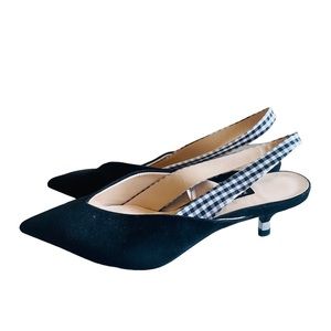 Zara Black Pointed Slingback Heels with Black-and-White Gingham Strap